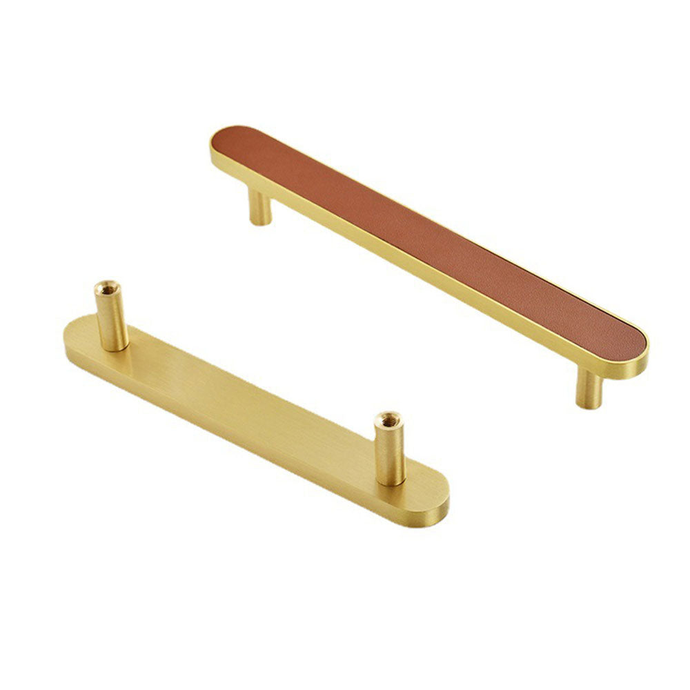 Dark orange leather-inlay cabinet pull shown from the front and back with gold-tone mounting posts