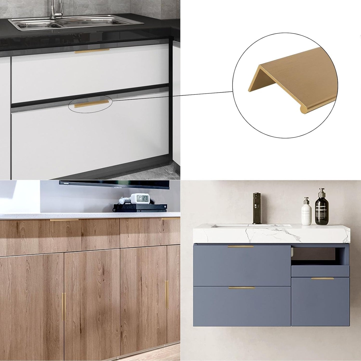 Square aluminum cabinet edge pull, pictured in one view in a multi-view product collage