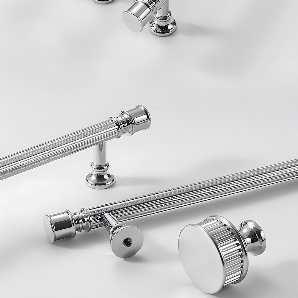 Art Deco fluted brass pulls, knobs, and ring pulls, shown in a focused view as a color and finish lineup