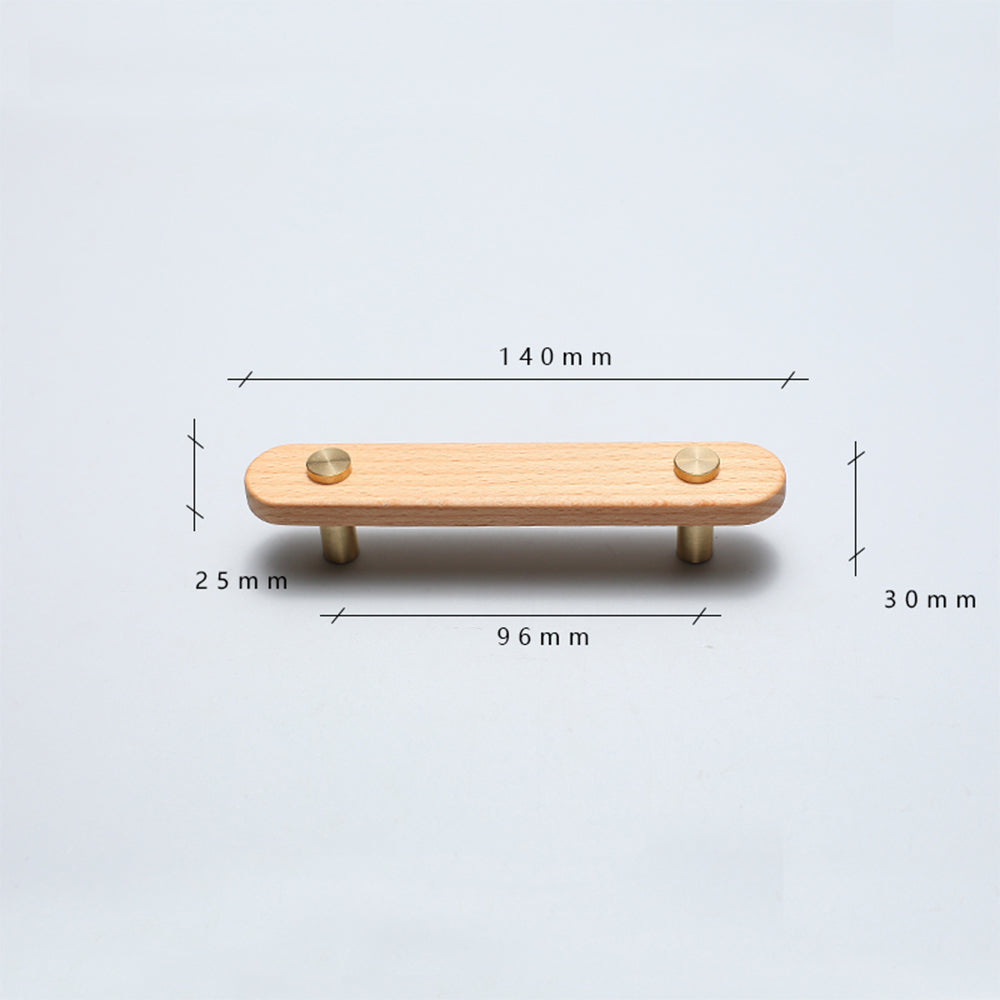 Beech-finish wood drawer pull with round copper accents, dimension diagram with width, height, and hole spacing marked