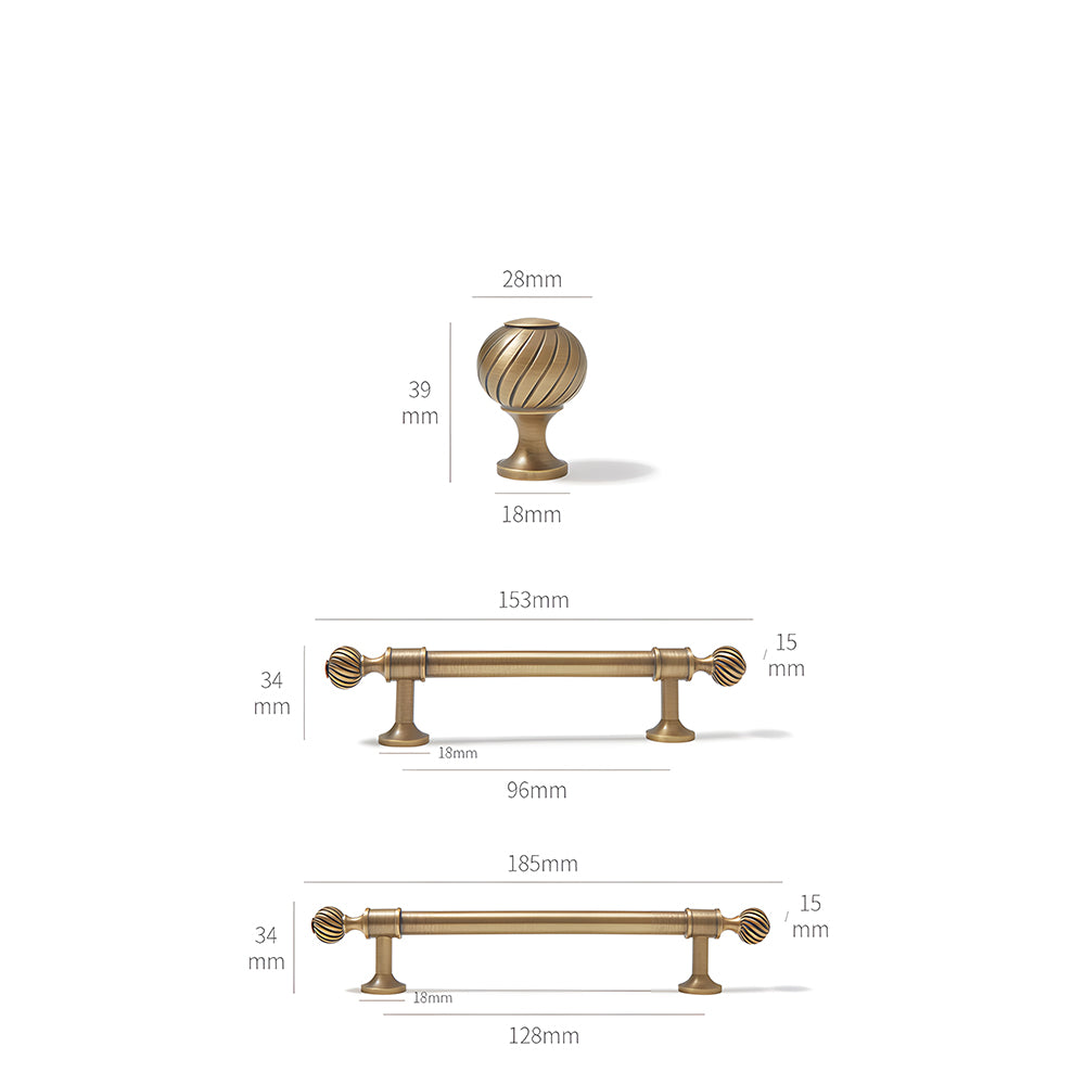 Ribbed brass cabinet pull and shell knob, shown clearly with dimensions and centers labeled
