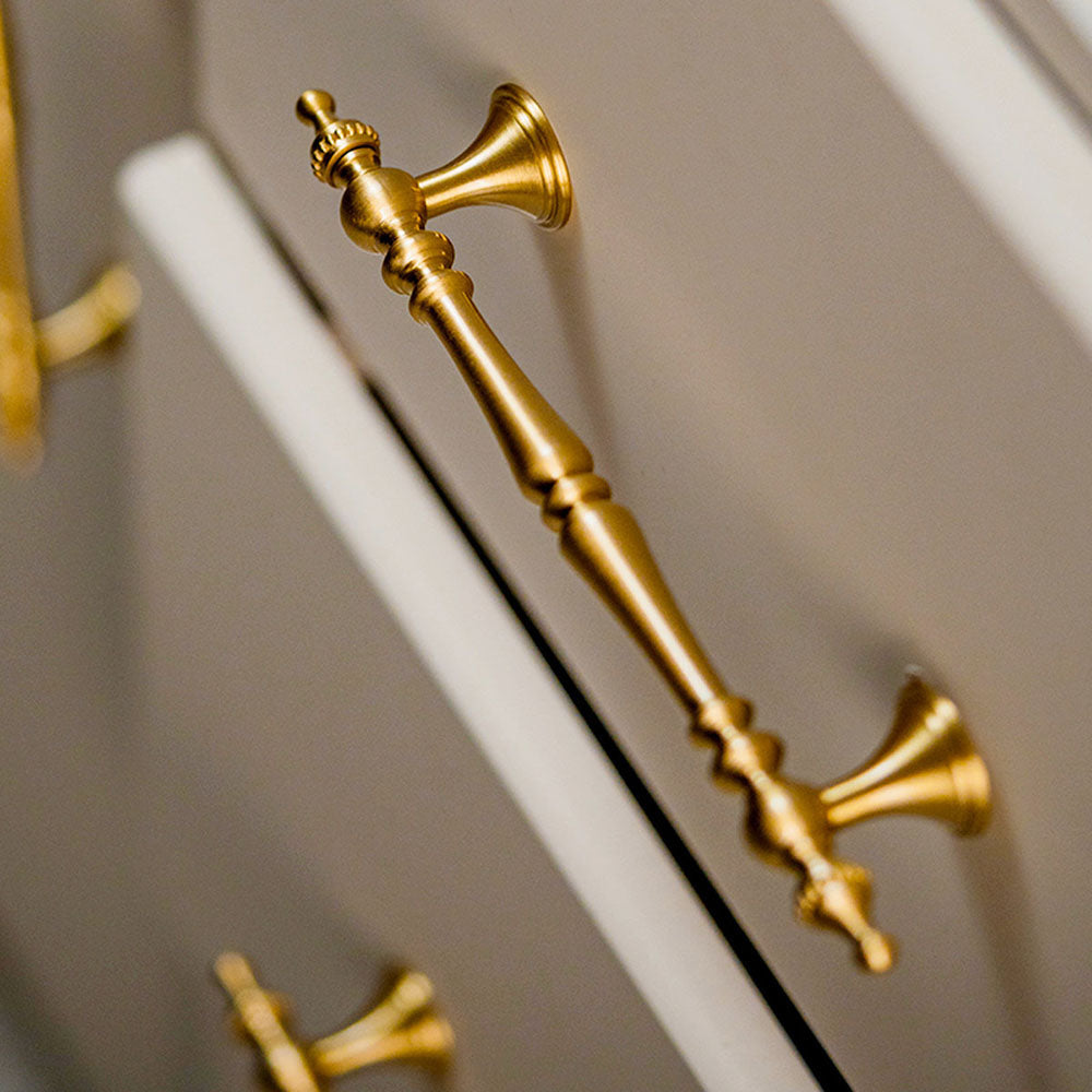 Ornate brass cabinet pull and knob, shown at close range in an installed cabinet close-up