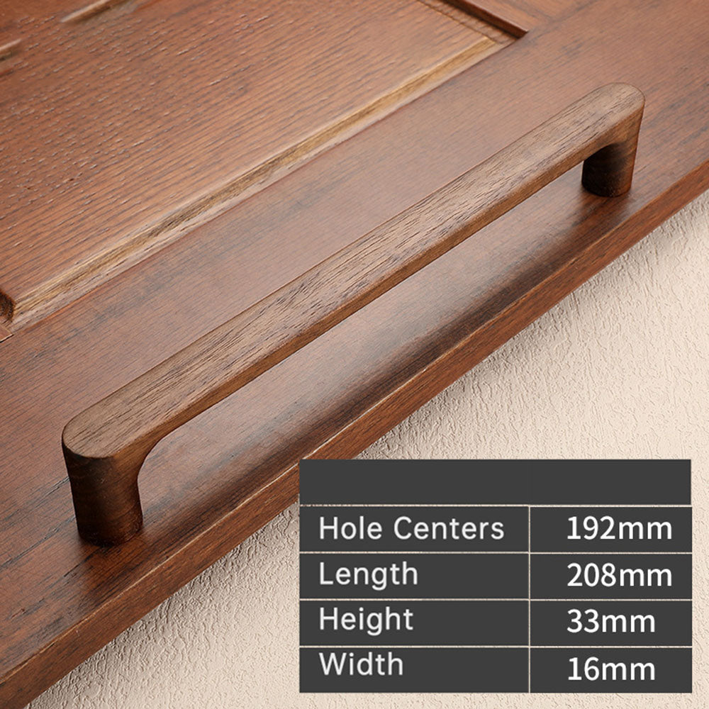 Natural wood cabinet pull with rounded corners, measurement diagram showing length, width, and projection