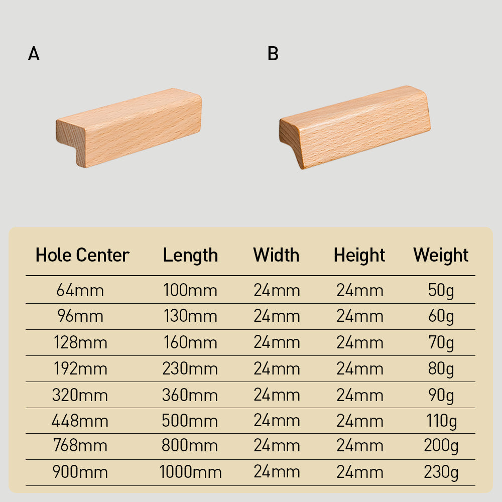 Natural wood cabinet handle with an L-shaped profile, dimension diagram showing its overall size and hole spacing