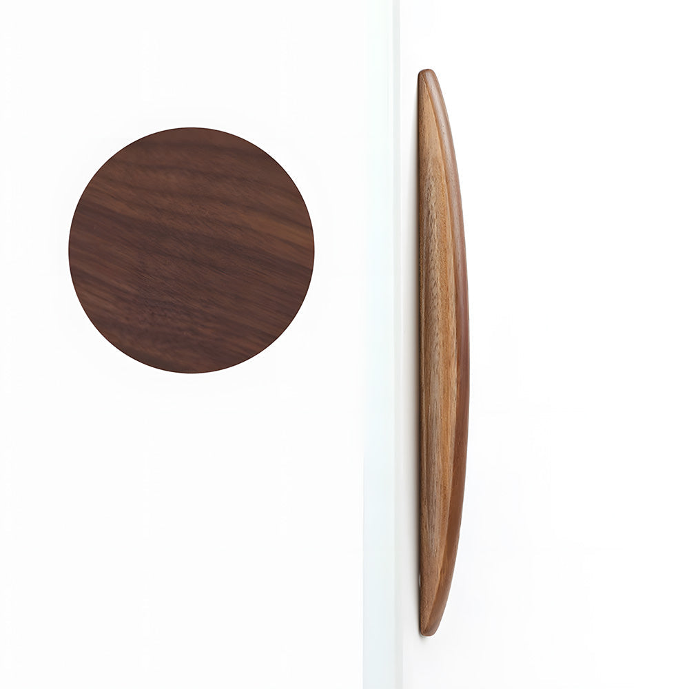 Natural wood cabinet pull with a tapered leaf-shaped profile, shown in a straight-on product view on white