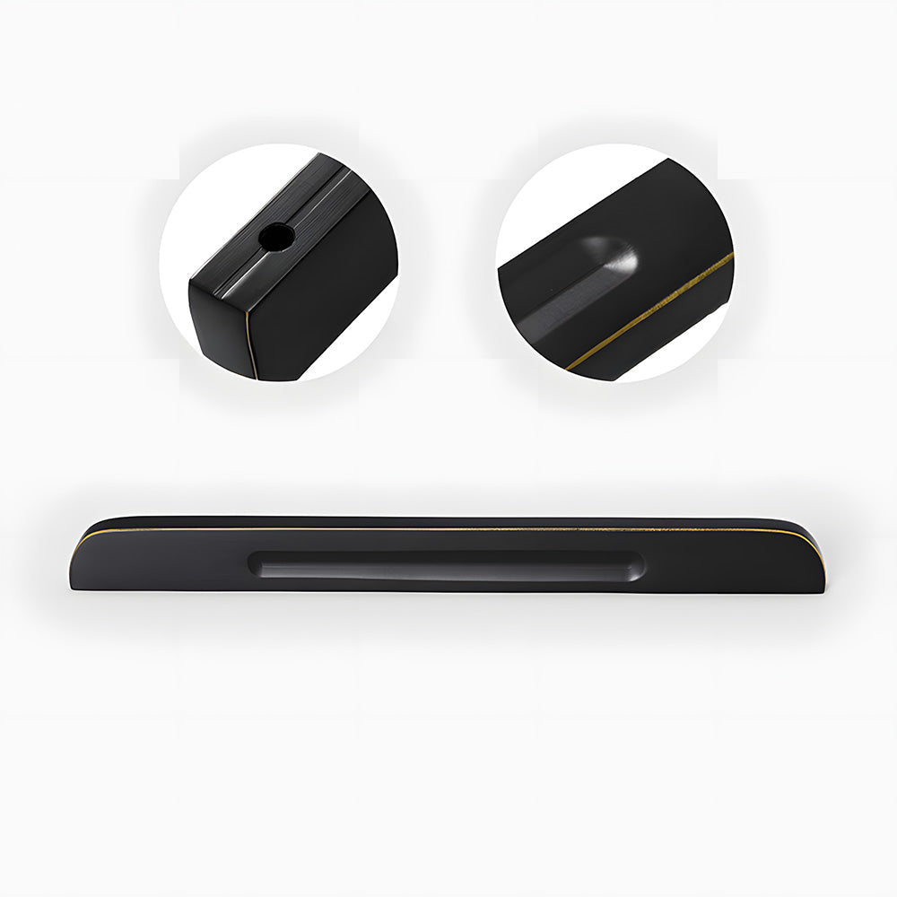 Recessed brass drawer pull with matching cabinet knob, displayed from the side showing the surface and mounting form