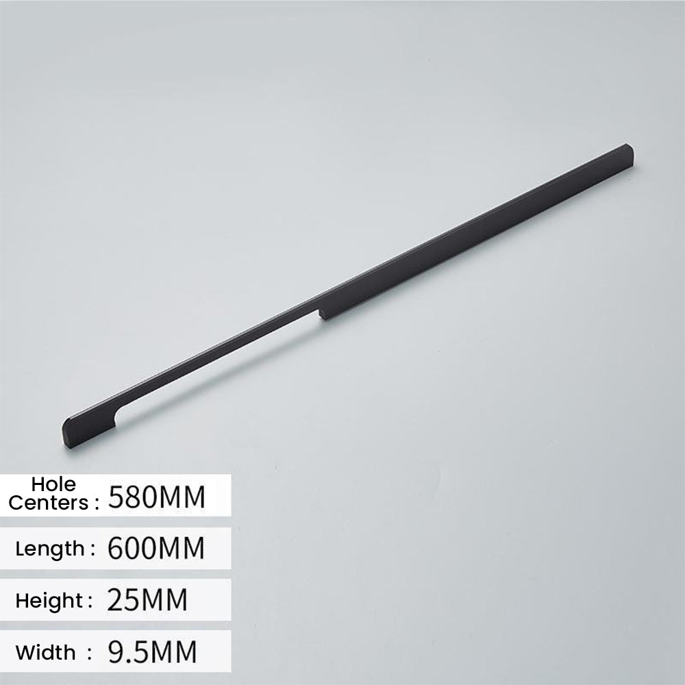 Solid aluminum long cabinet pull, shown at close range showing the printed measurements