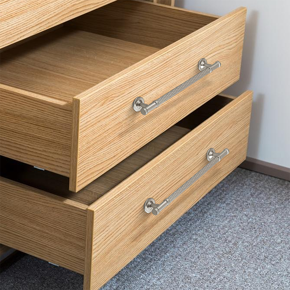 Textured round bar cabinet pull and knob, presented in another view mounted on a finished cabinet front