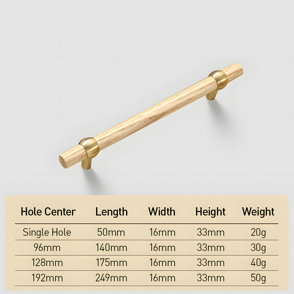 Wood and brass round bar cabinet pull with collar details, dimension diagram showing its overall size and hole spacing