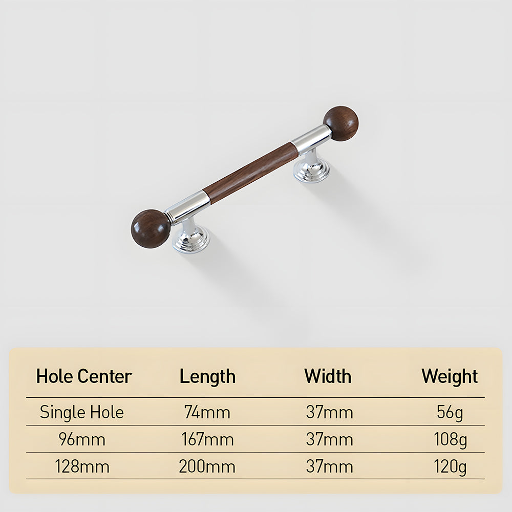 Round wood bar cabinet pull with brass mounts, dimension diagram showing its overall size and hole spacing