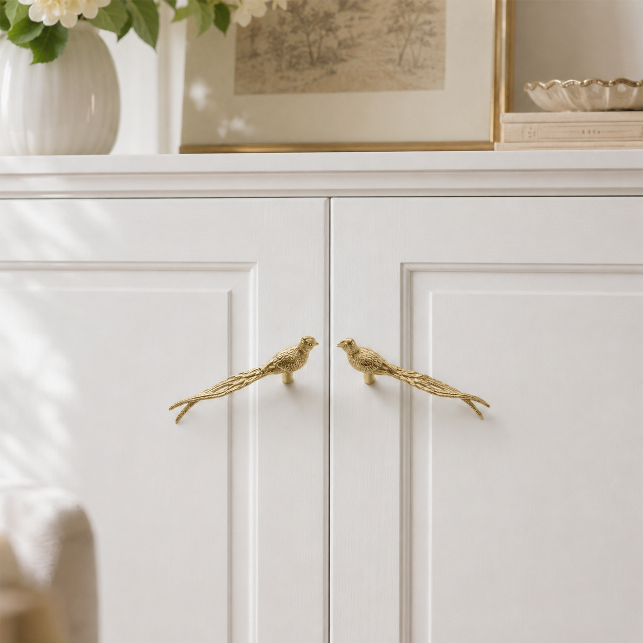 Vintage Solid Brass Bird Cabinet Knob with Long Tail