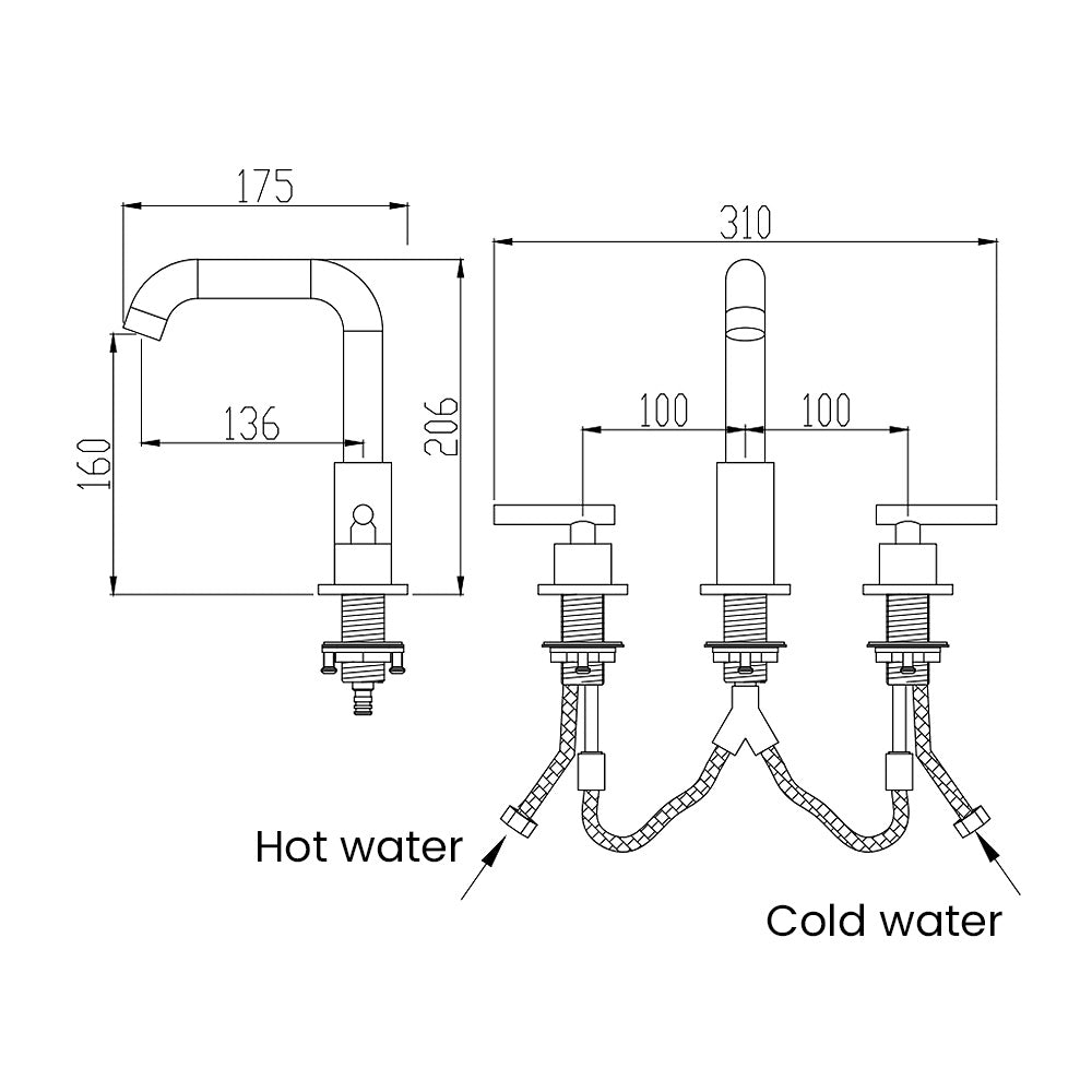 Uppsala 3-Hole Hot and Cold Bathroom Sink Faucet with 2-Mode Rotating Nozzle