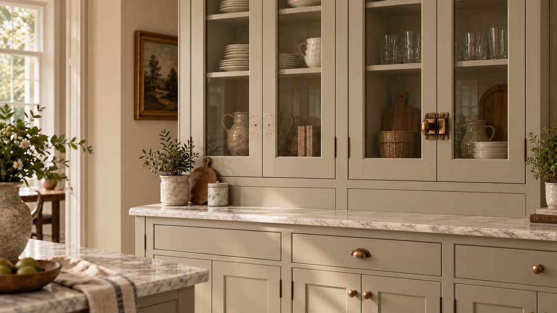 Kitchen cabinetry with brass cabinet latch hardware and visible old mounting holes on cupboard doors