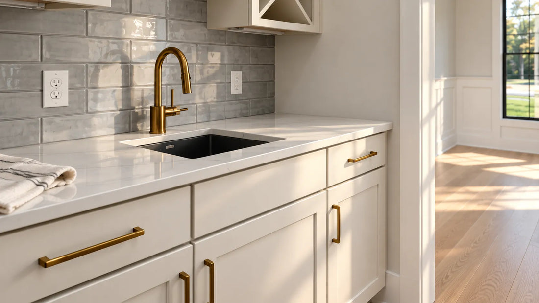 White kitchen sink cabinet with brass pulls and a blank false drawer front