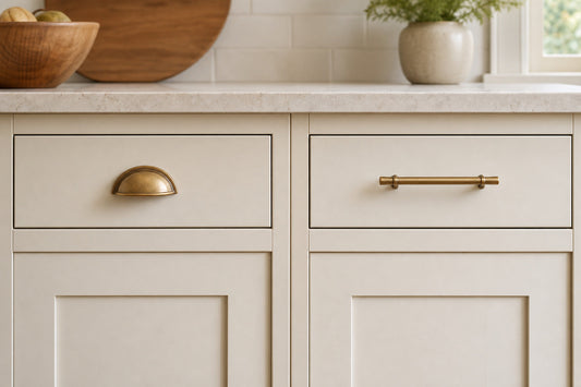 Cream kitchen drawers with an antique brass cup pull and a straight brass bar pull mounted side by side