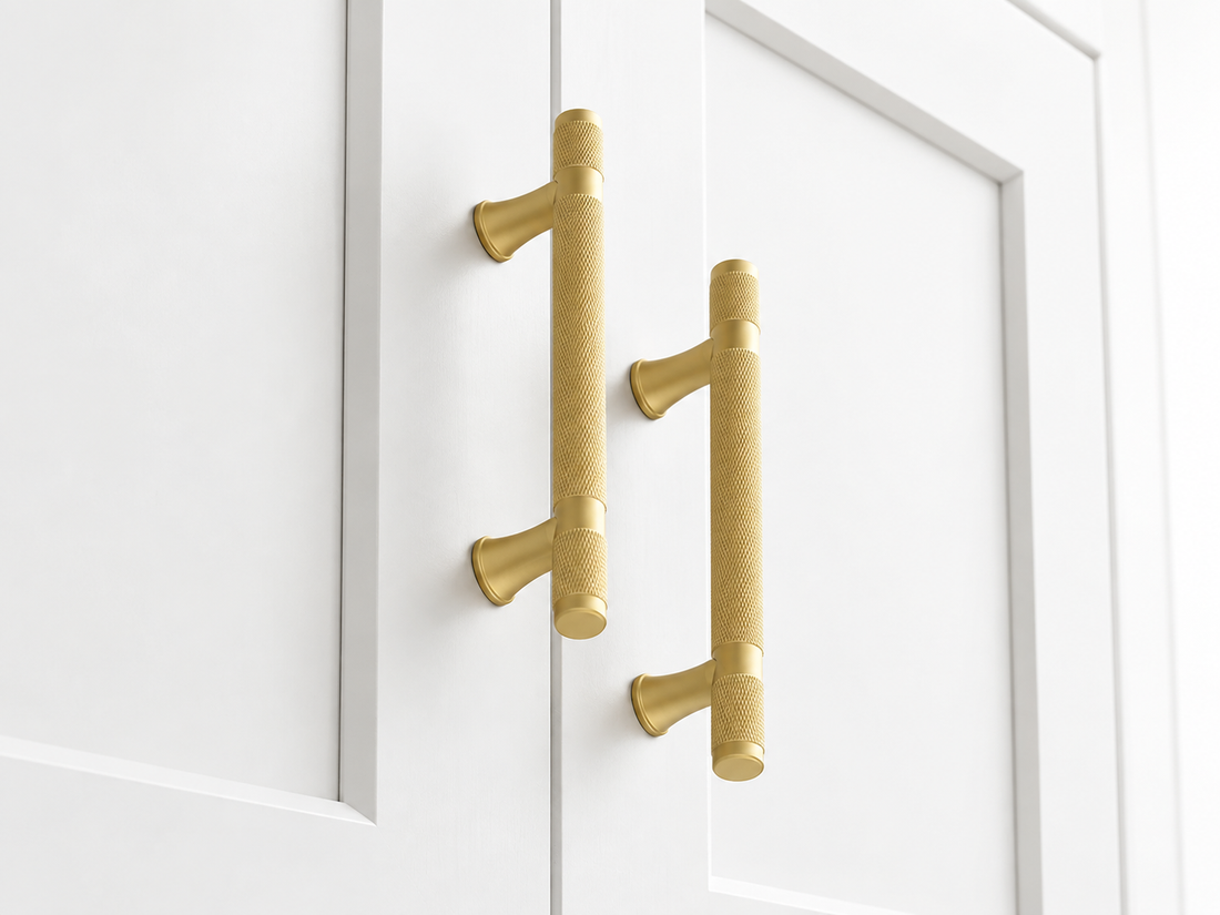 Gold knurled cabinet pulls installed vertically on white shaker cabinet doors