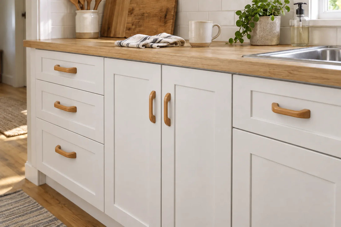 Curved solid wood cabinet pulls installed on white kitchen cabinets