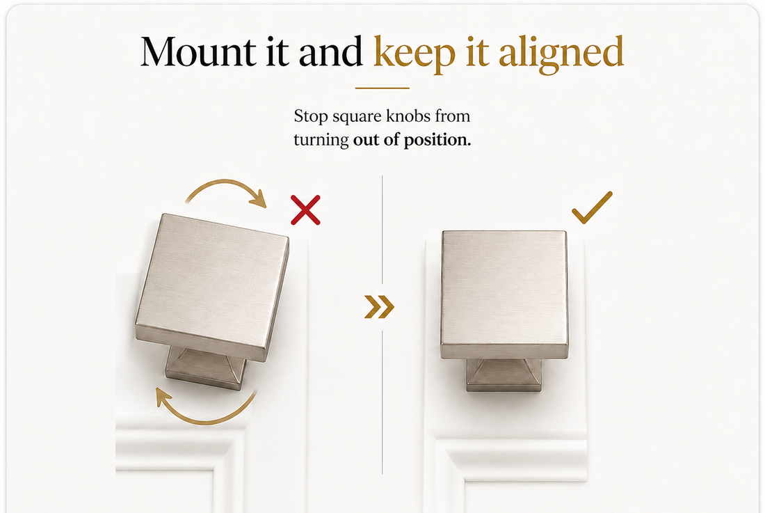 Square cabinet knob shown loose and correctly aligned to illustrate why cabinet knobs keep spinning