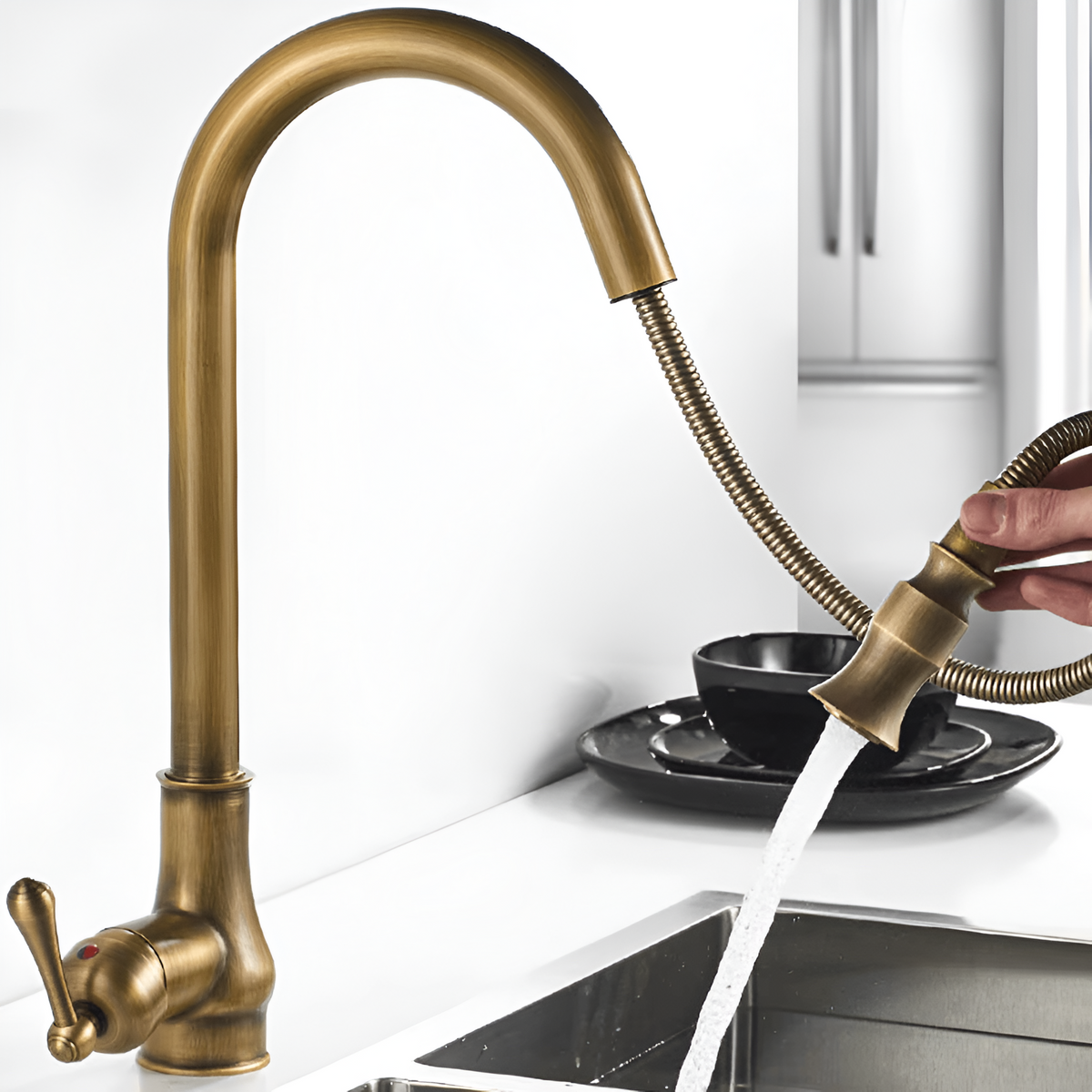 Alden Antique Brass Pull-Down Kitchen Faucet
