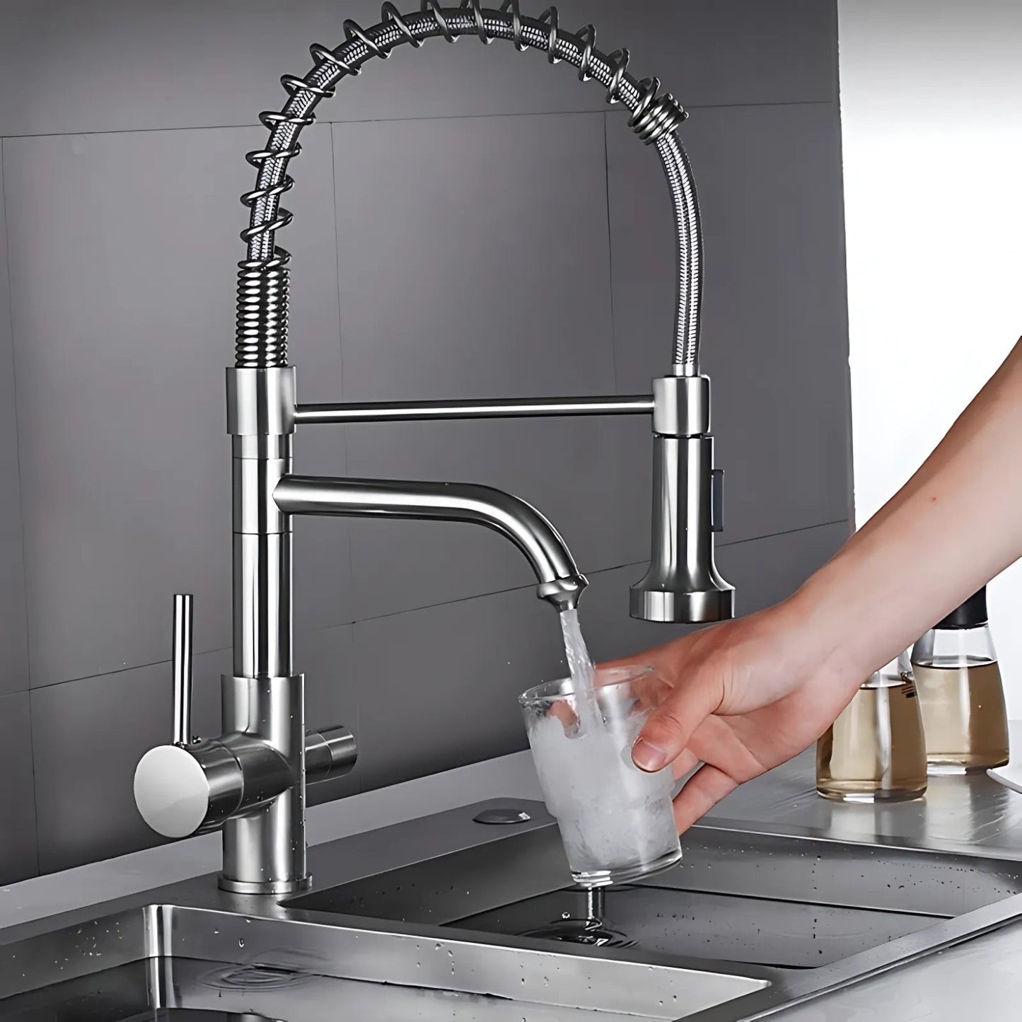 Nilo Three-Way Kitchen Faucet with Filter Tap Reverse Osmosis Compatible and Pull-Down Spout