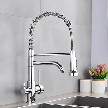 Nilo Three-Way Kitchen Faucet with Filter Tap Reverse Osmosis Compatible and Pull-Down Spout