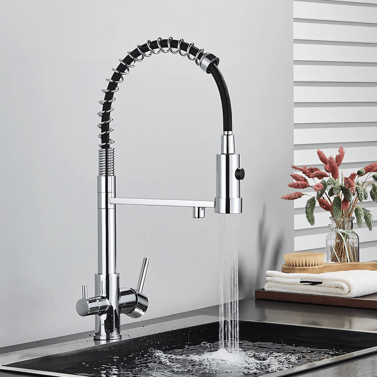 Orin Three-Way Kitchen Faucet with Filter Tap Reverse Osmosis Compatible and Pull-Down Spout