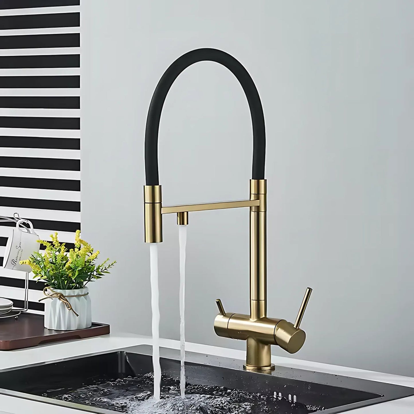Nola Three-Way Kitchen Faucet with Filter Tap Reverse Osmosis Compatible and Pull-Down Spout