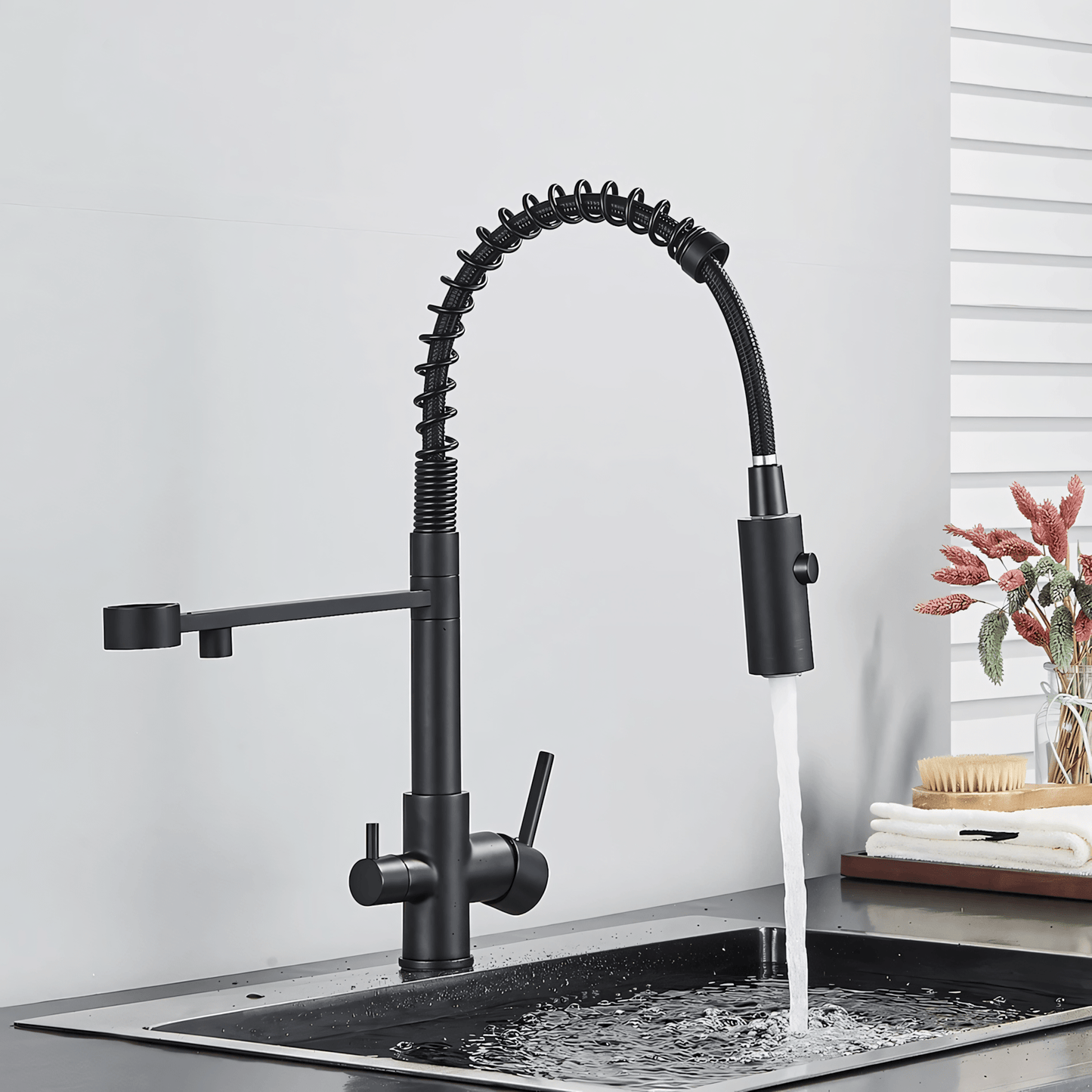 Orin Three-Way Kitchen Faucet with Filter Tap Reverse Osmosis Compatible and Pull-Down Spout