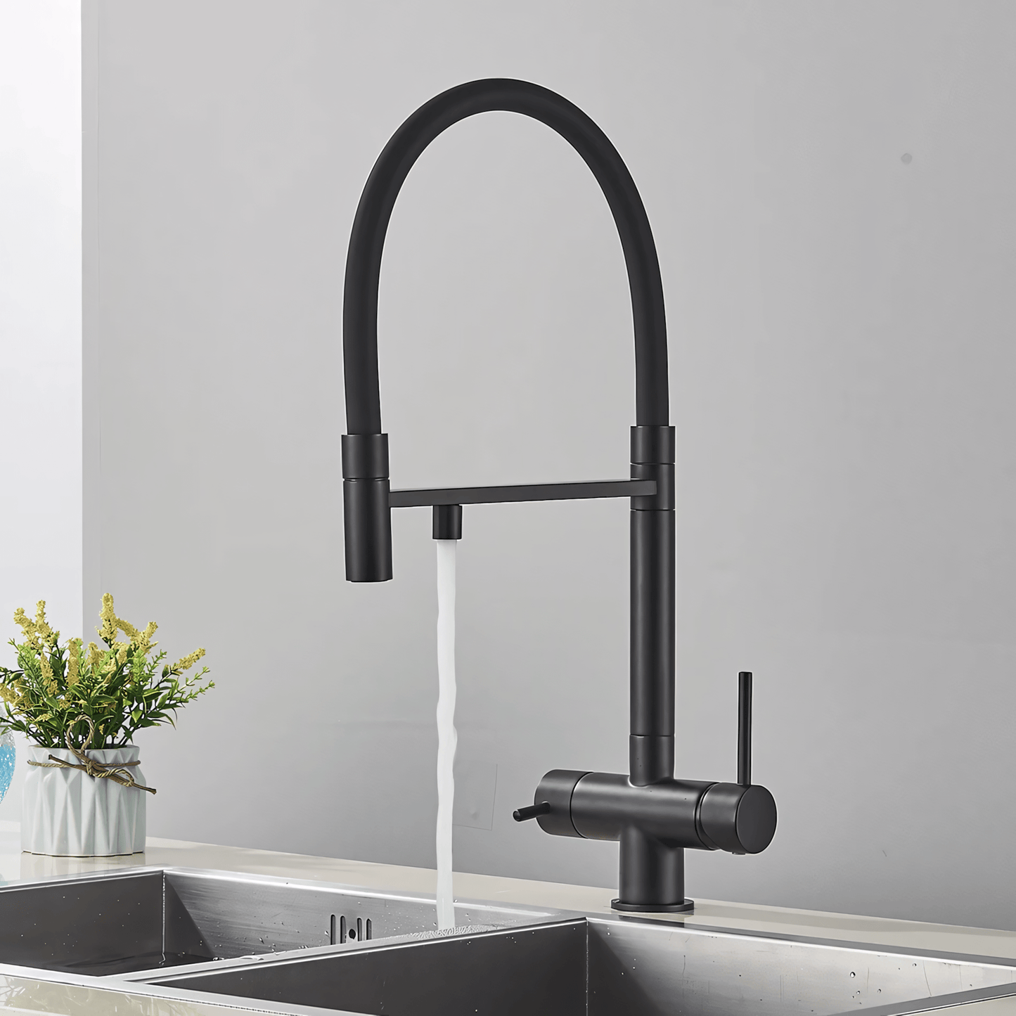 Nola Three-Way Kitchen Faucet with Filter Tap Reverse Osmosis Compatible and Pull-Down Spout