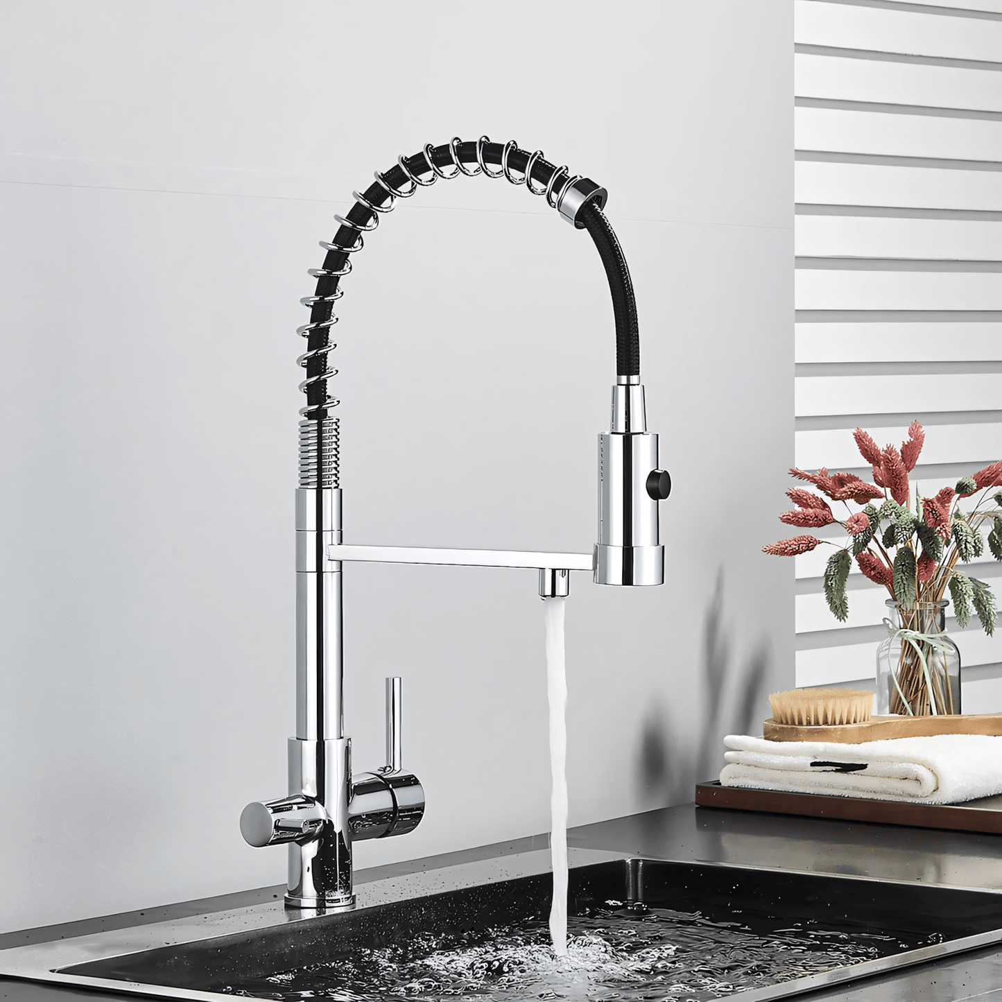 Orin Three-Way Kitchen Faucet with Filter Tap Reverse Osmosis Compatible and Pull-Down Spout