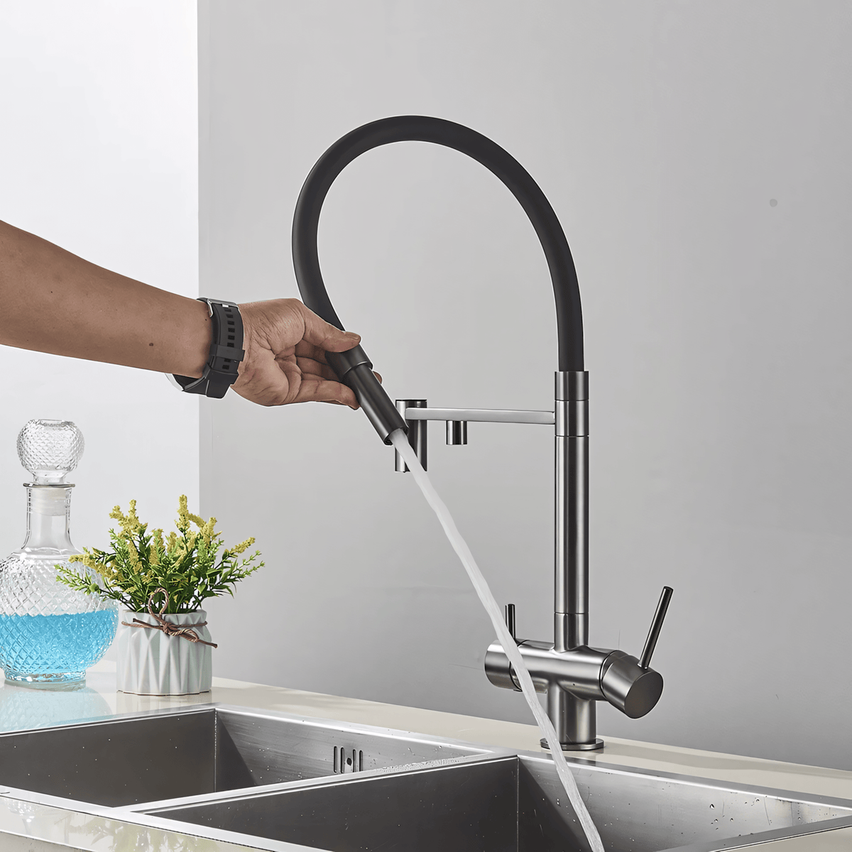 Nola Three-Way Kitchen Faucet with Filter Tap Reverse Osmosis Compatible and Pull-Down Spout
