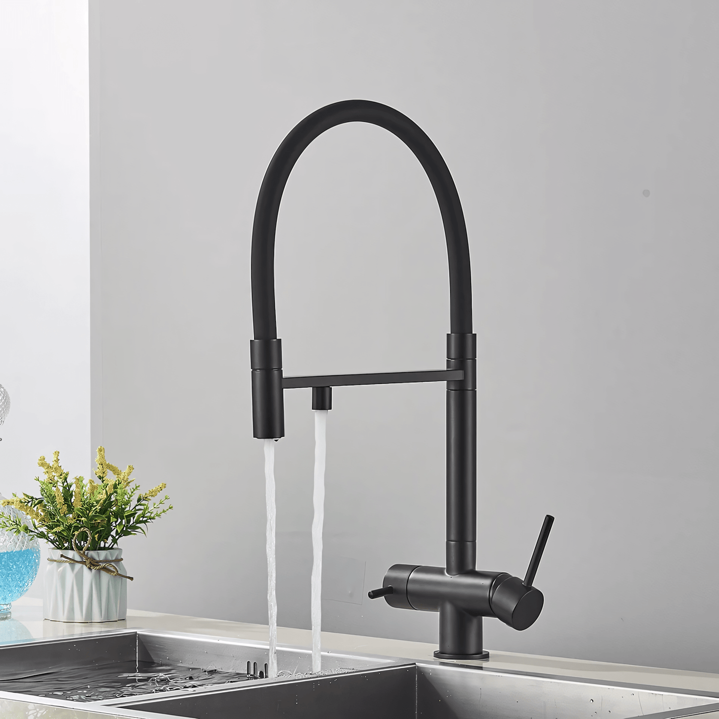 Nola Three-Way Kitchen Faucet with Filter Tap Reverse Osmosis Compatible and Pull-Down Spout