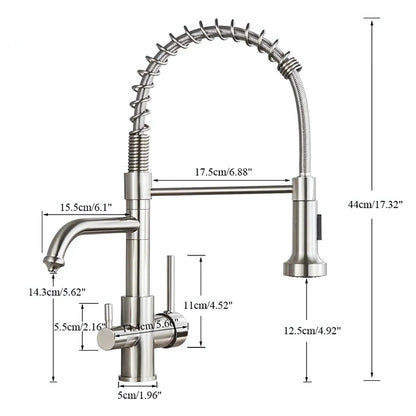 Nilo Three-Way Kitchen Faucet with Filter Tap Reverse Osmosis Compatible and Pull-Down Spout
