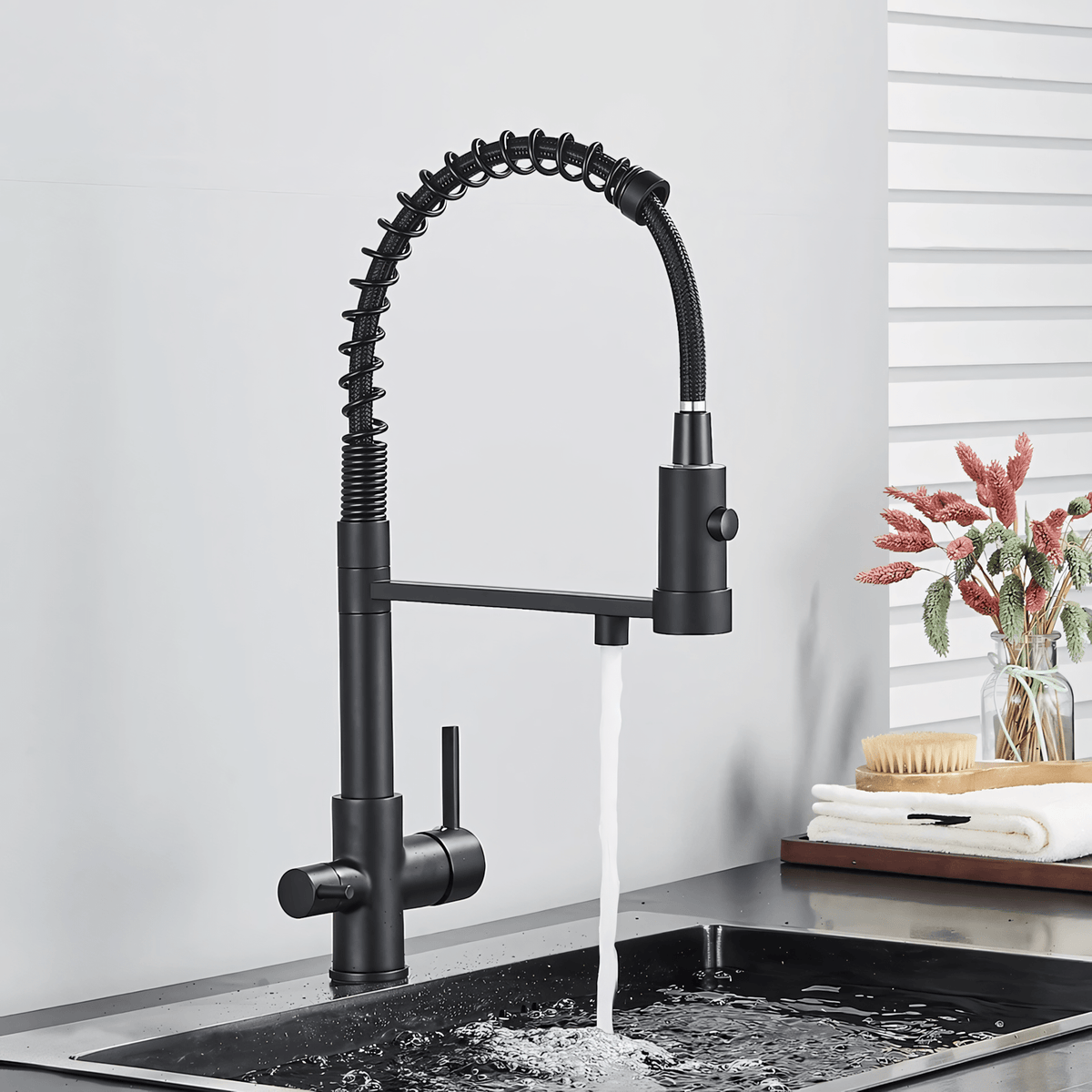 Orin Three-Way Kitchen Faucet with Filter Tap Reverse Osmosis Compatible and Pull-Down Spout