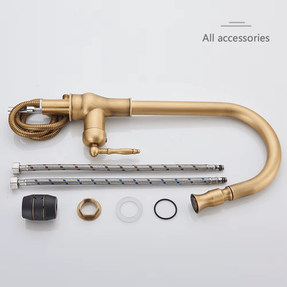 Alden Antique Brass Pull-Down Kitchen Faucet