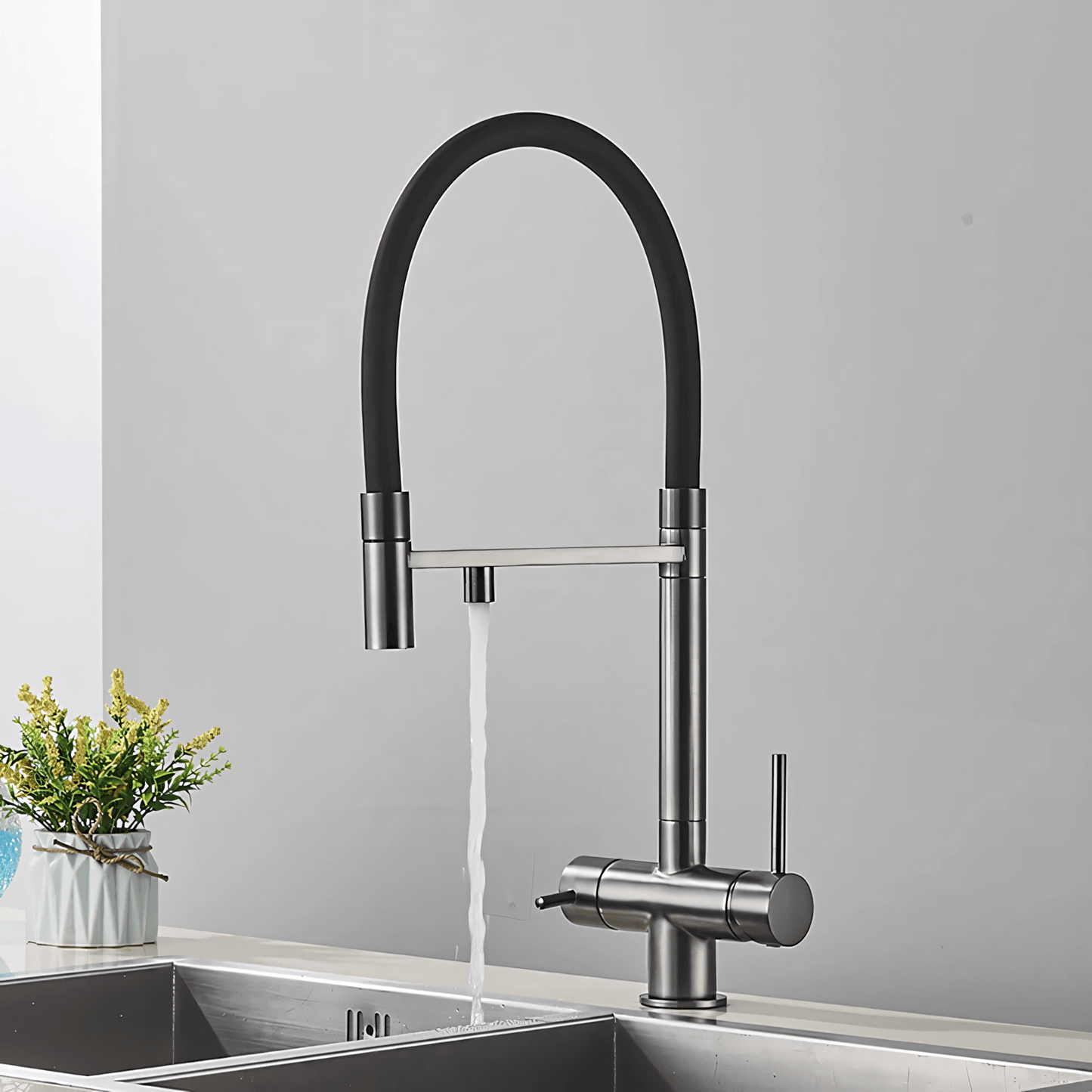 Nola Three-Way Kitchen Faucet with Filter Tap Reverse Osmosis Compatible and Pull-Down Spout