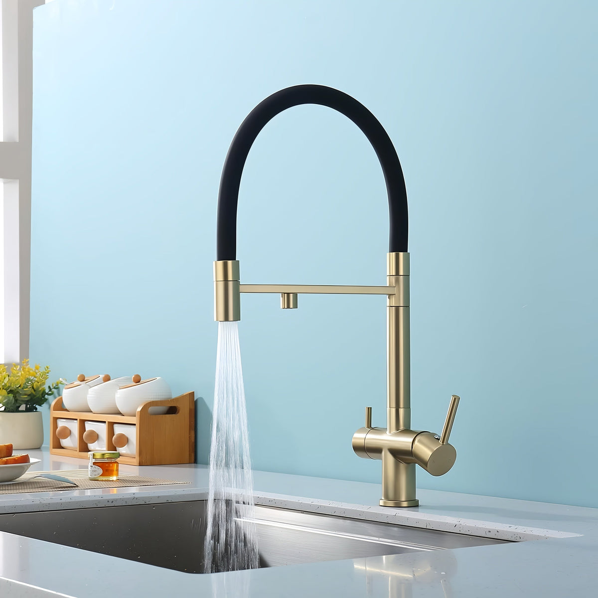 Nola Three-Way Kitchen Faucet with Filter Tap Reverse Osmosis Compatible and Pull-Down Spout