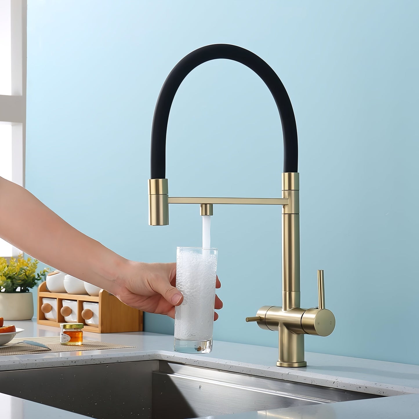 Nola Three-Way Kitchen Faucet with Filter Tap Reverse Osmosis Compatible and Pull-Down Spout