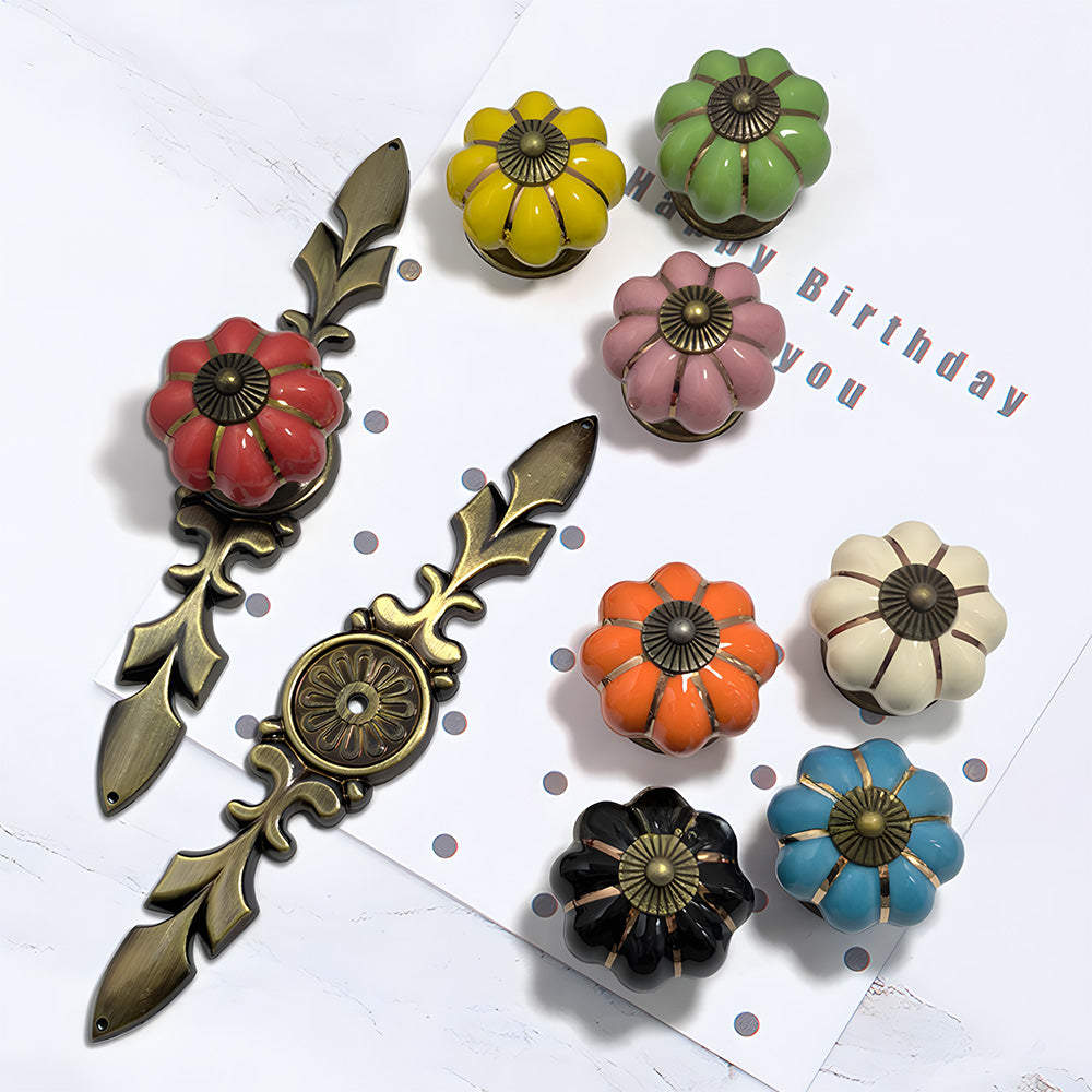 Ceramic Pumpkin Cabinet Knobs with Leaf Backplate