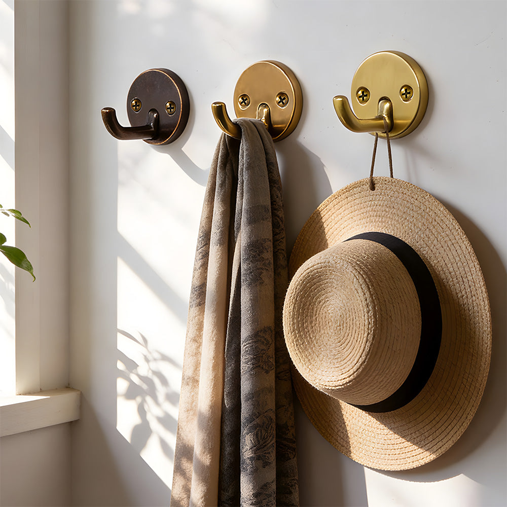 Solid Brass Round-Base Wall Hooks for Coats & Towels