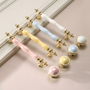Colorful Ceramic Cabinet Pulls and Knobs with Gold-Tone Trim