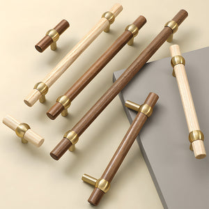 Wood and Brass Round Bar Cabinet Handles and Drawer Pulls