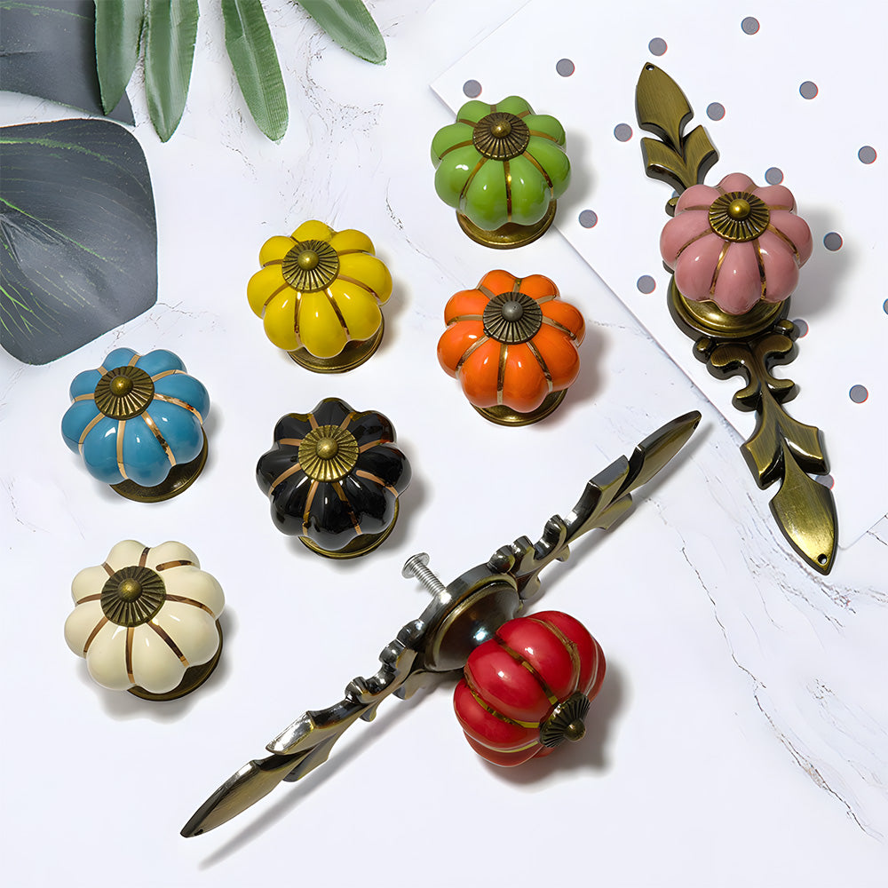 Ceramic Pumpkin Cabinet Knobs with Leaf Backplate