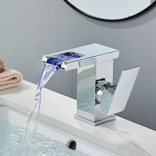 Lumina Modern LED Waterfall Bathroom Sink Faucet With Color-Changing LED Temperature Light