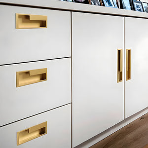 Slotted Recessed Cabinet Pulls in Gold, Black, and Gray