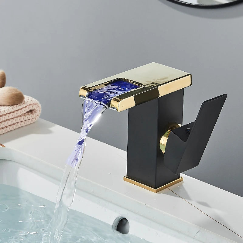 Lumina Modern LED Waterfall Bathroom Sink Faucet With Color-Changing LED Temperature Light