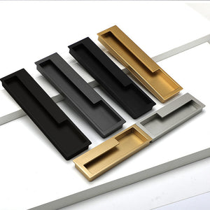 Slotted Recessed Cabinet Pulls in Gold, Black, and Gray