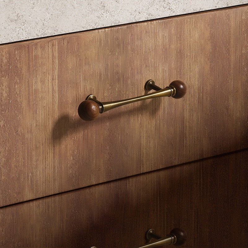 Mid-Century Walnut and Antique Bronze Cabinet Pulls and Knobs