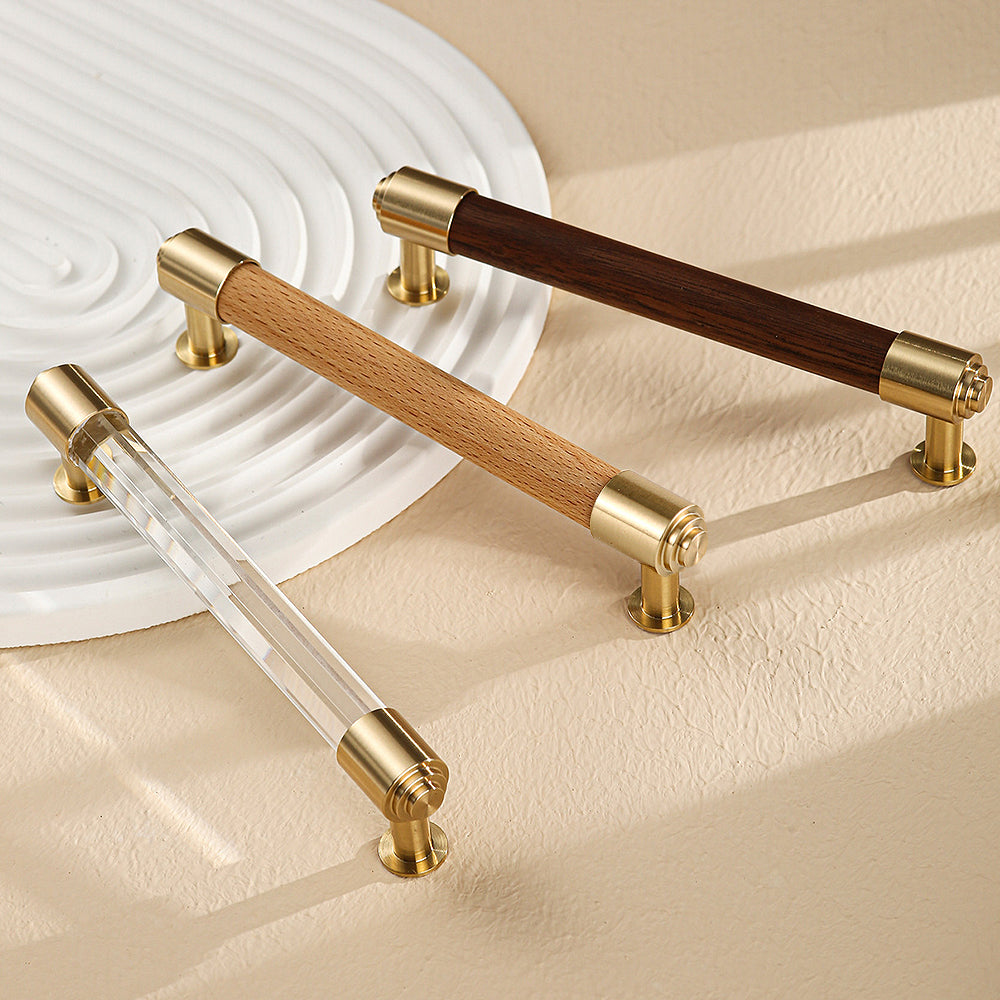 Faceted Crystal and Wood Cabinet Pulls with Brass End Caps