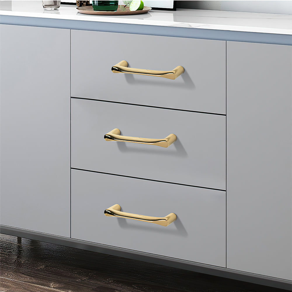 Curved Brass Cabinet Pulls in Gold and Black